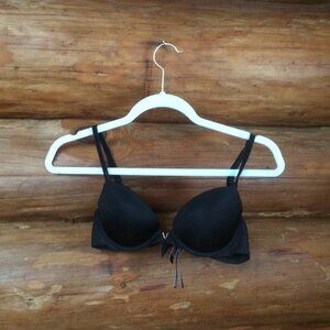 Victoria's Secret Push Up Black Underwire Plunge Bra Gold Metal Hardware 34B